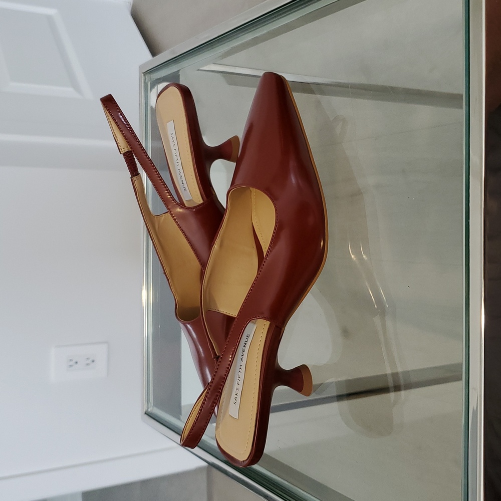 Saks Fifth Ave Patent Leather Wine kittenHeel slingback shoe Size 6 like new WOB - Picture 8 of 8